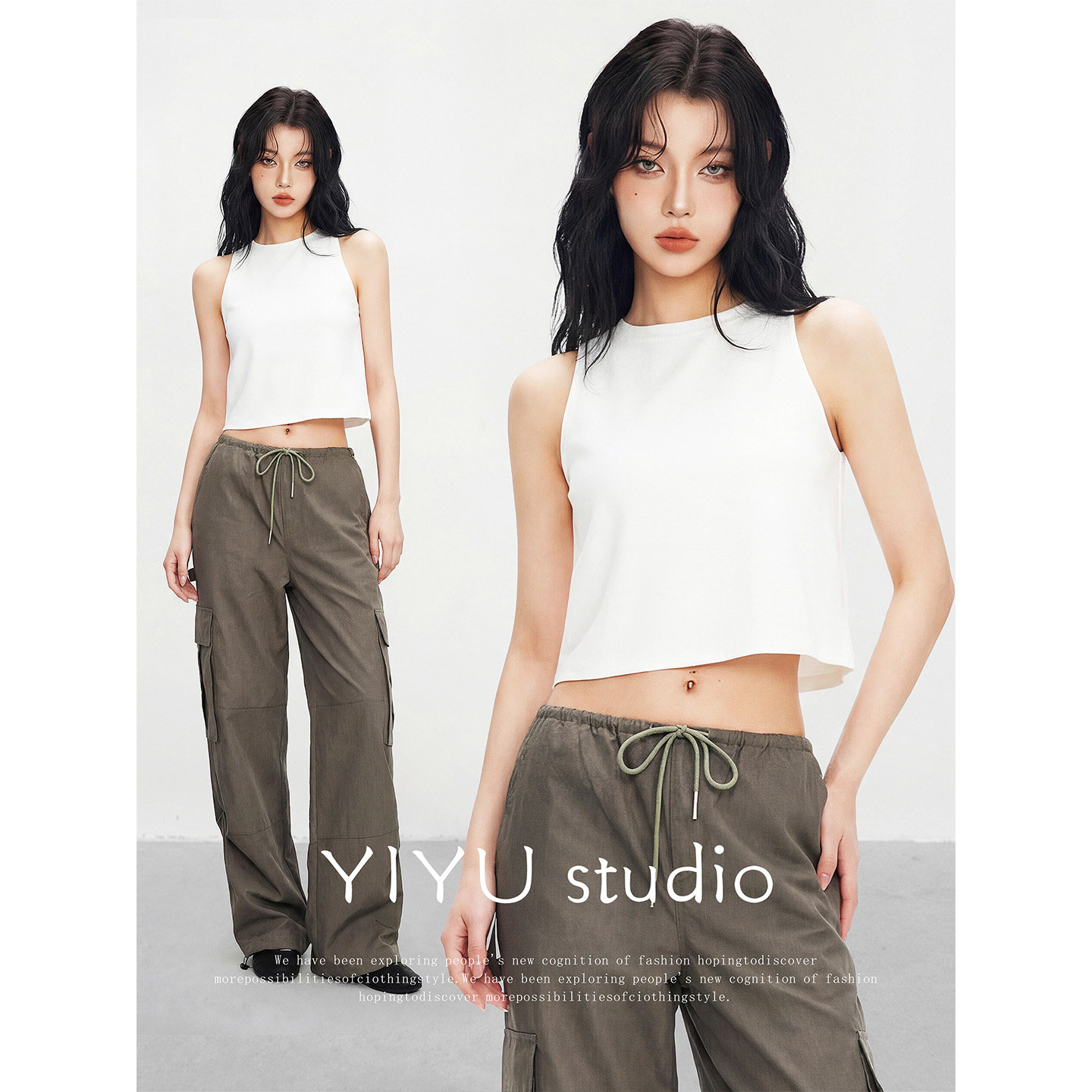 【伊予YiYu】辣妹穿搭露脐宽松吊带背心上衣美式工装阔腿裤套装女