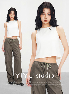 【伊予YiYu】辣妹穿搭露脐宽松吊带背心上衣美式工装阔腿裤套装女
