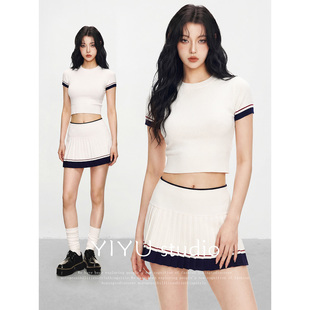 【伊予YiYu】美式复古白色针织短袖t恤半身短裙套装女修身两件套