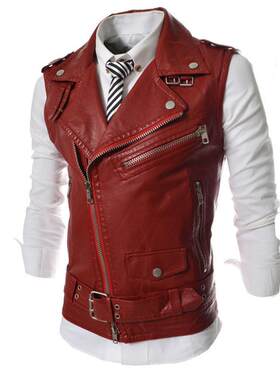 外贸欧美男式皮背心机车服韩版多拉炼 炼 翻领短款外套Leather ve