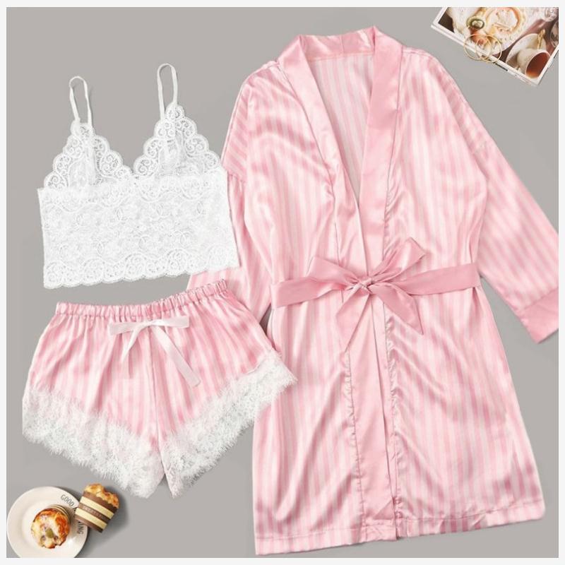 2121 women new pajamas pink striped jacket lace suit女睡衣图片