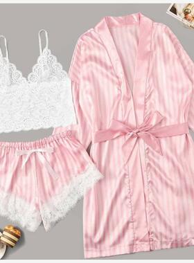 2121 women new pajamas pink striped jacket lace suit女睡衣