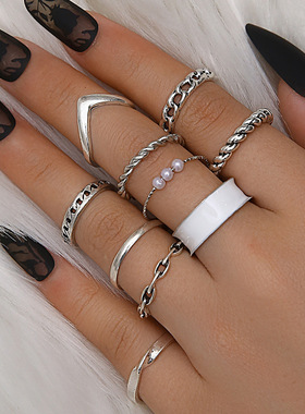 Retro Metal Pearl Rings Set female Joint Ring 跨境珍珠戒指女