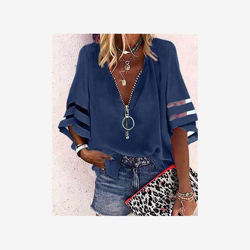 V-Neck Zipper Flare Sleeve Solid Shirt V领拉链喇叭袖纯色衬衫