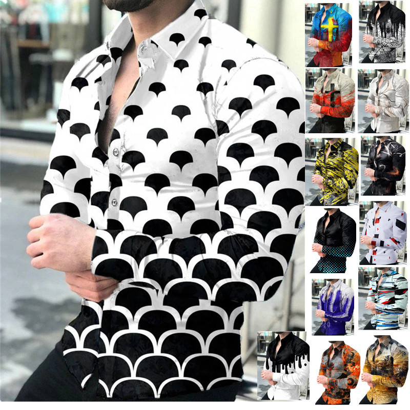 21秋季外穿亚马逊欧美男装印花衬衣开襟长袖衬衫Men’s shir