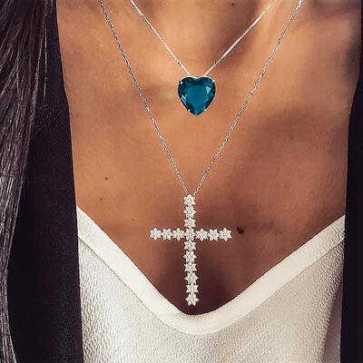 Lovely 2 Layers Crossed Blue Rhinestone Necklace Multilayer