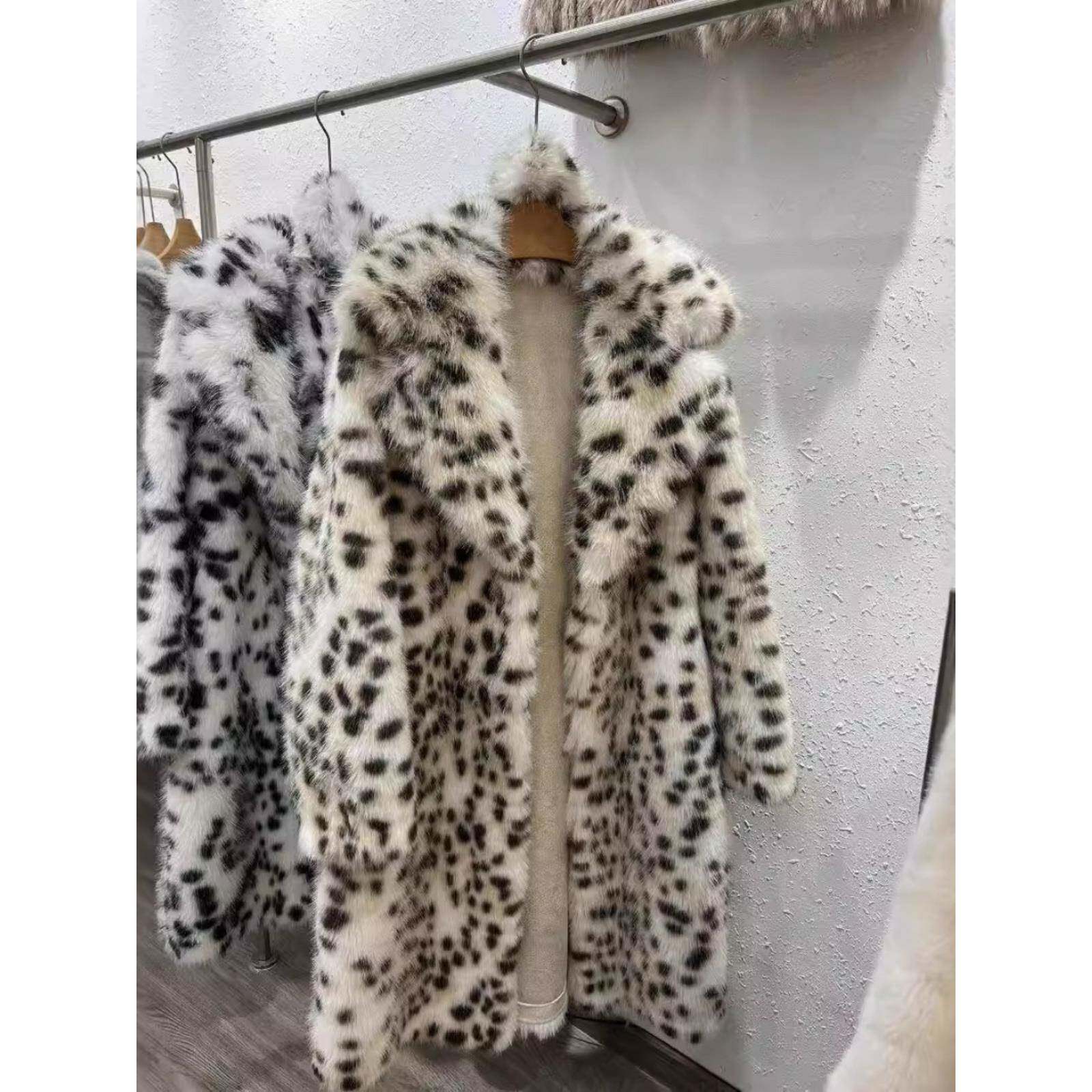 彷皮草秋冬豹纹加厚女彷水貂绒外套气质长款大翻领毛毛大衣coat