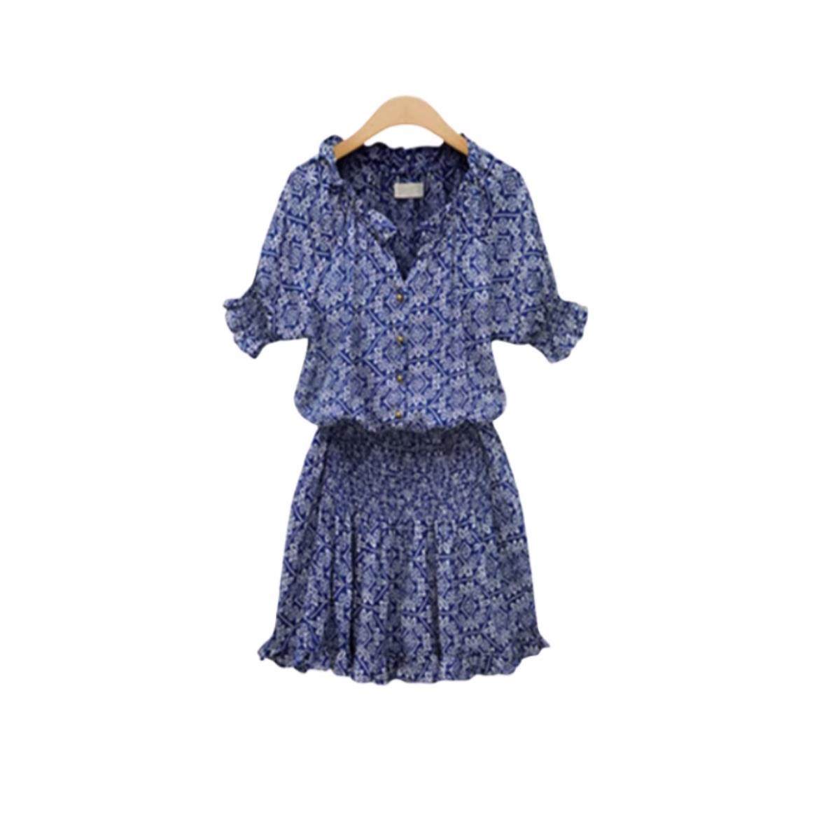 欧洲站春夏季时尚新款 短袖印花棉质休闲百搭女人味V领简约连衣裙