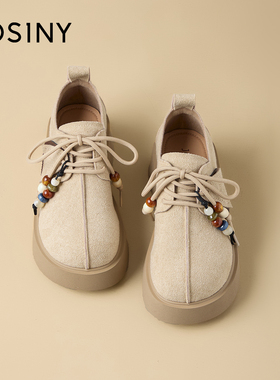 真皮防水台增高卓诗尼2025秋新款单鞋学院深口厚底波西米亚风女鞋