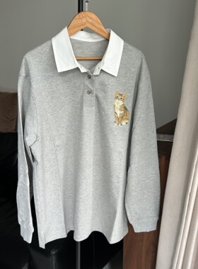 轻松入秋！小众设计，卢*昱晓同款猫咪宽松灰色polo领长袖T恤黑色