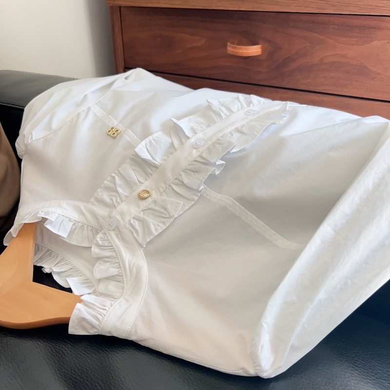 法式优雅白色木耳边拉夫领长袖袖衬衫女 通勤直筒全棉衬衣内搭女,女装/女士精品,真丝上装,淘宝优惠券,粉丝福利购,淘宝优惠卷