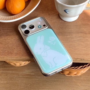 PANLINGWAN原创兔子薄荷绿毛线银框滴胶手机壳适用于苹果16 17PM