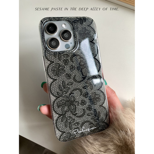 PANLINGWAN原创蕾丝花纹闪粉透黑双层手机壳适用于苹果15promax