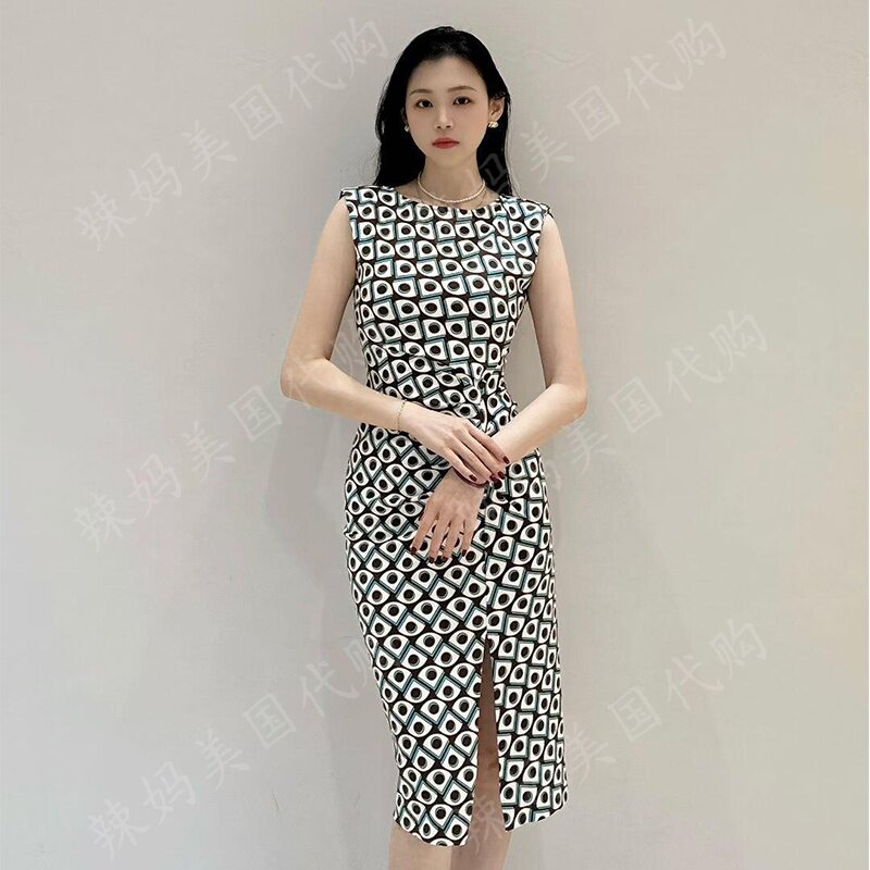 DVF春夏绿棕菱格无袖包臀连衣裙