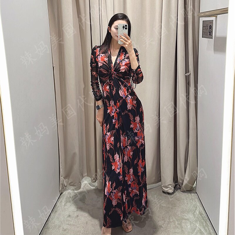 DVF秋冬红黑鸢尾网纱连衣裙
