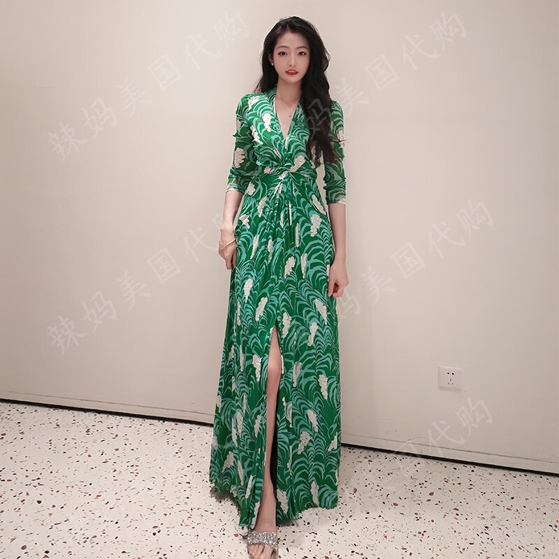 DVF早秋紫藤网纱喇叭袖连衣裙