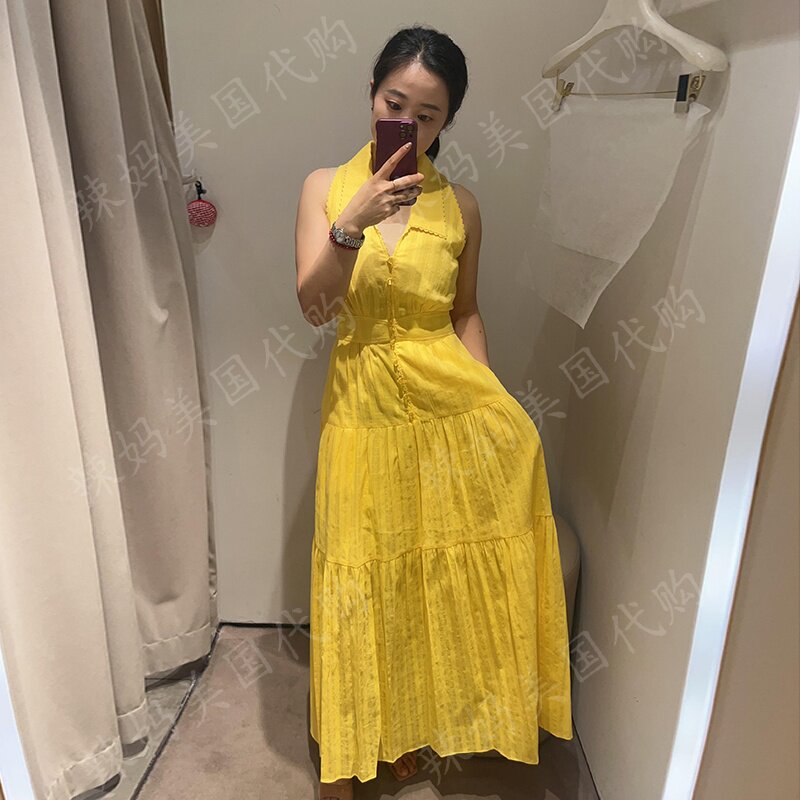 DVF春夏柠檬黄度假风茶歇裙