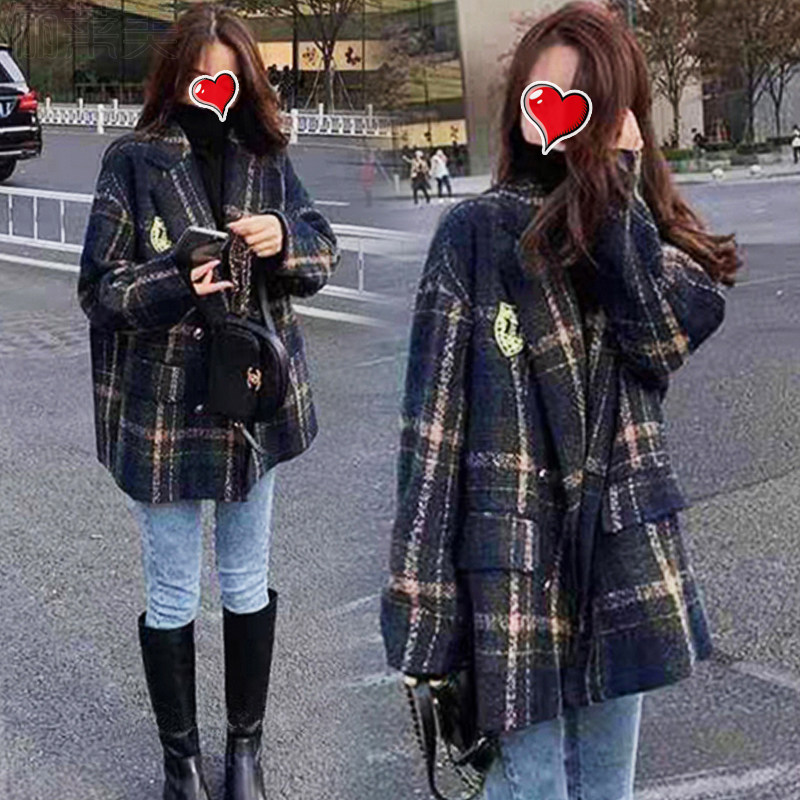 모직 출산 코트 가을 겨울 2024 새로운 햅번 스타일 작은 느슨한 중간 길이 타탄 코트