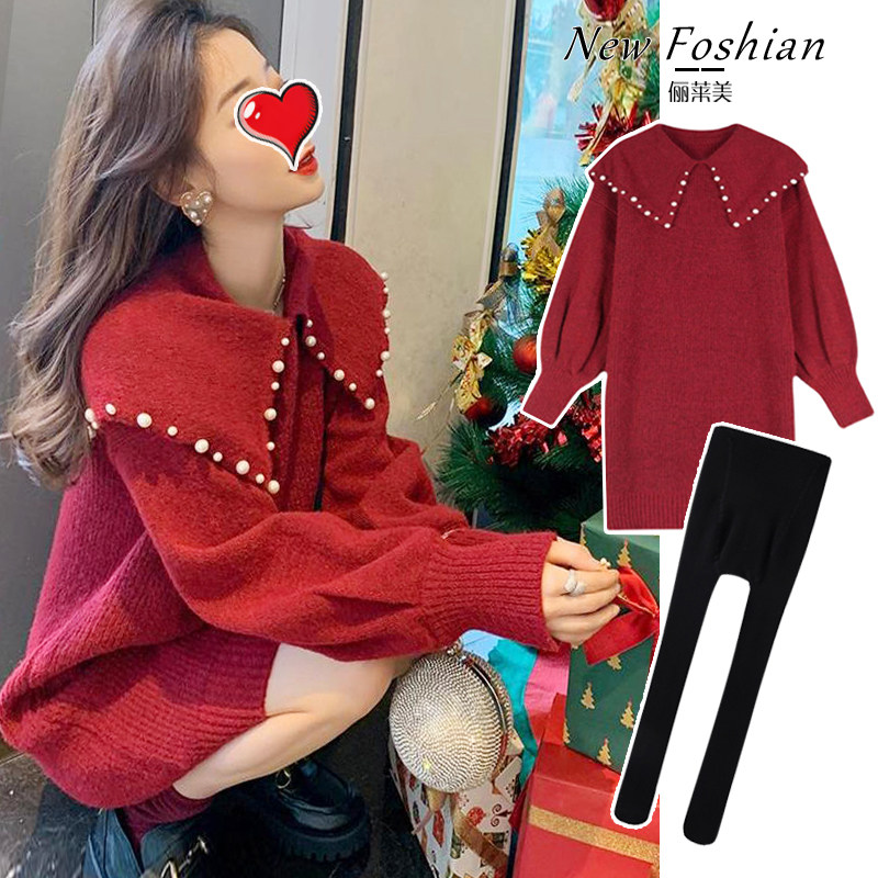출산 가을 정장 유행 인터넷 연예인 스타일 스웨터 드레스 작은 빨간색 나들이 가을 겨울 투피스 세트
