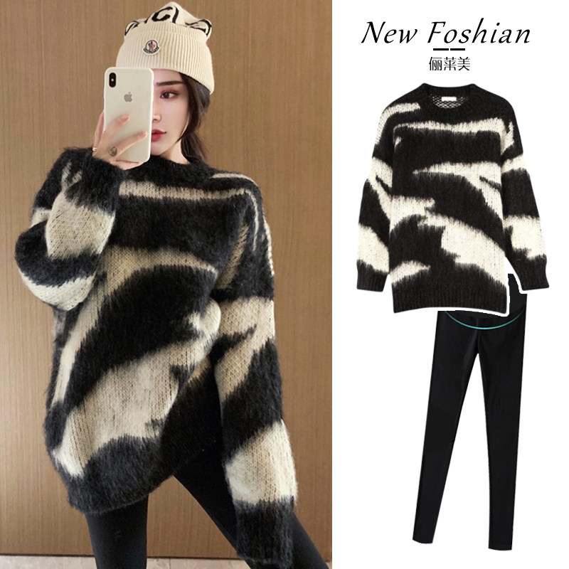 출산 가을 의류 세트 패셔너블한 인터넷 연예인 상의 가을 겨울 스웨터 중기 가을 대형 이너 레이어드 셔츠