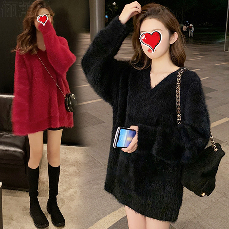 가을 겨울 여성을 위한 고급 게으르고 부드러운 브이넥 모헤어 스웨터 두꺼워진 느슨한 풀오버 니트 출산복