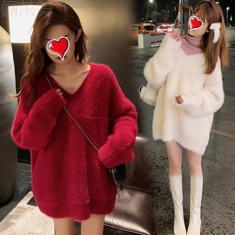 가을 겨울 여성을 위한 고급 게으르고 부드러운 브이넥 모헤어 스웨터 두꺼워진 느슨한 풀오버 니트 출산복