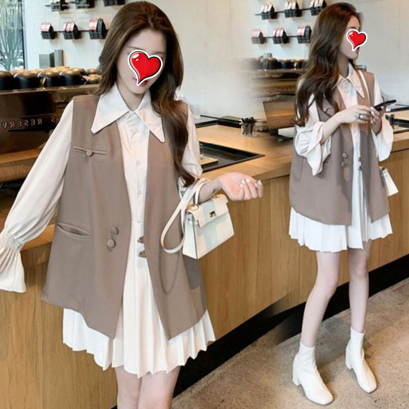 출산 착용 가을 정장 세련된 벨 슬리브 셔츠 스커트 탑 한국식 조끼 가을 겨울 드레스 투피스 세트