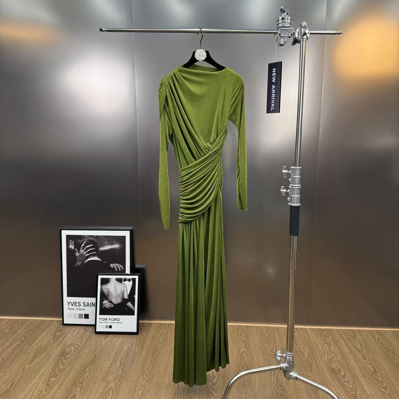 thumbnail for Yuzu MM Fall/Winter 2025 Slanted Neckline Stretch Knit Shirred Pleated Waist Slim Long Long Sleeve Dress