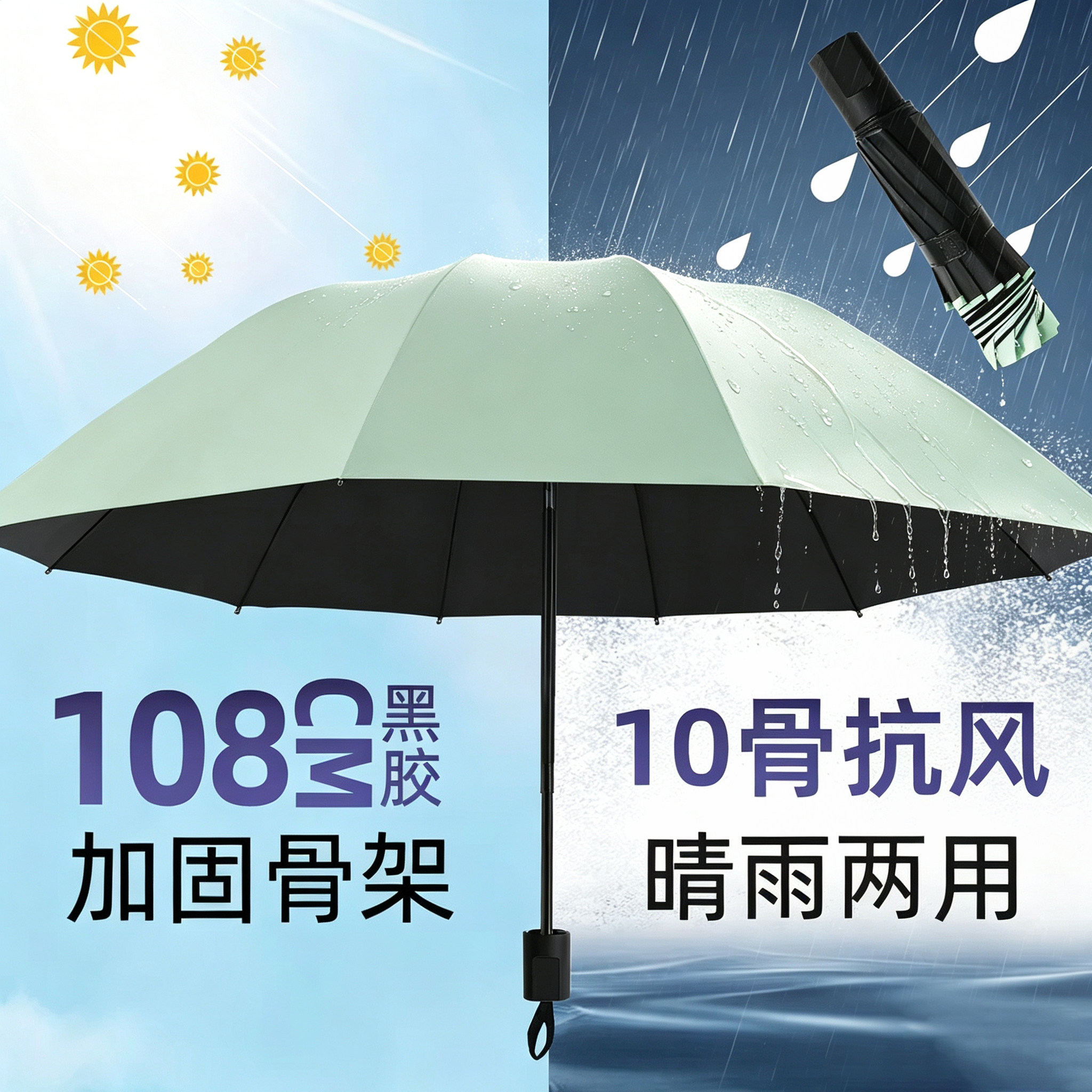 防晒防紫外线太阳伞遮阳黑胶防晒伞纯色太阳遮阳伞三折叠晴雨两用