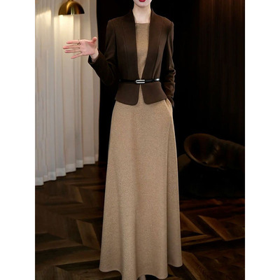 送腰带!设计感洋气拼接假两件连衣裙女2025秋冬新款时尚遮肉A字裙