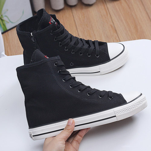 百搭侧拉链新款大码高帮帆布鞋