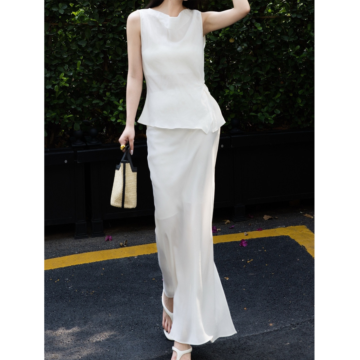 春夏无袖荷叶边鱼尾开衩显瘦套装