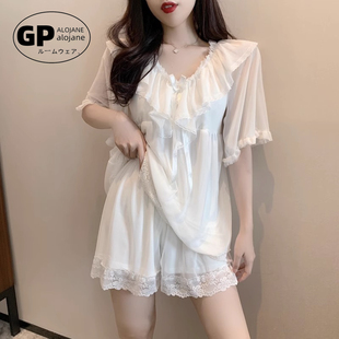 家居服套装 GP法式 短裤 宫廷公主风蕾丝白色睡衣女夏天季 带胸垫短袖