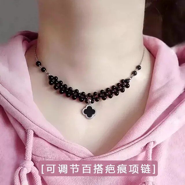 天然黑玛瑙锁骨链 可调节甲状腺遮挡项链 高级感设计款925银项链