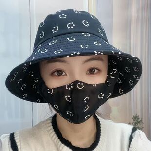 夏季采茶帽碎花帽防晒遮阳帽子口罩一体户外防紫外线太阳渔夫帽女