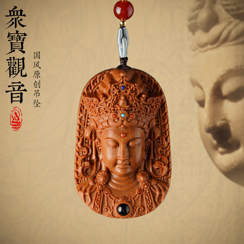 檀香木制持莲观音头菩萨项链