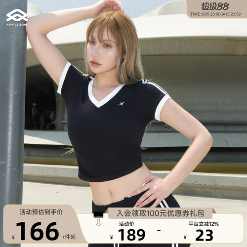 Aria Leisure 美式运动休闲上衣女夏季新款短袖T恤修身收腰显瘦