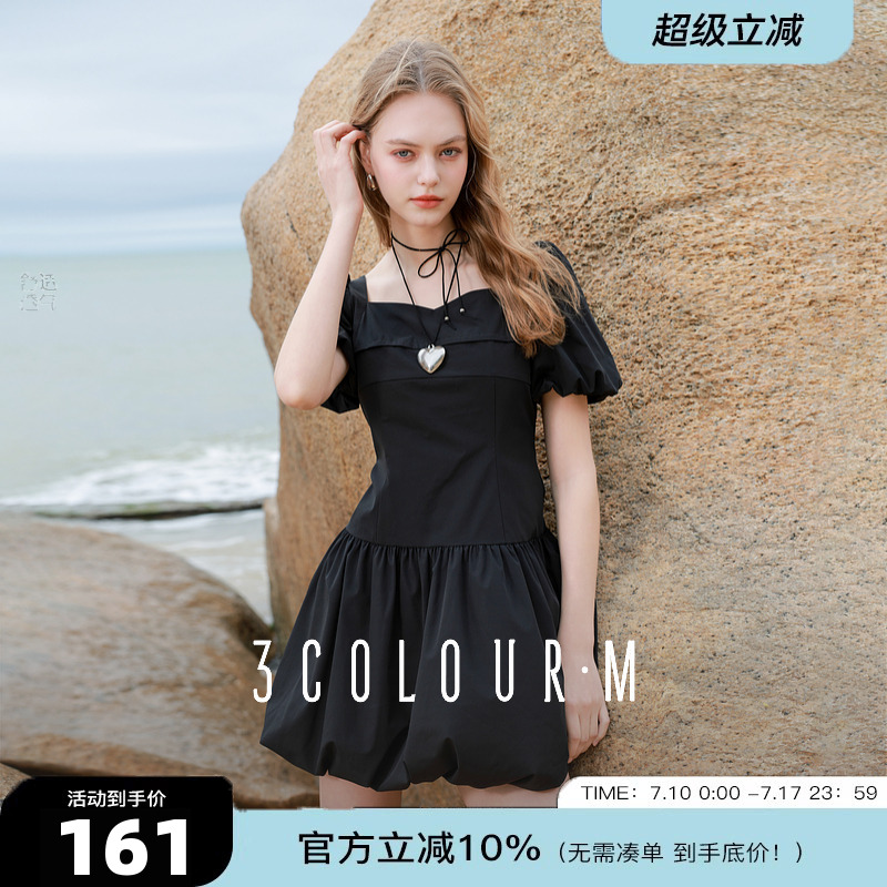 三彩2025夏季新款花苞连衣裙法式方领泡泡袖A字裙短裙显瘦M