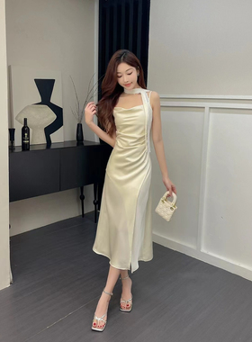 NN | 2025新款时尚百搭吊带裙女高级感小众设计荡领开叉连衣裙