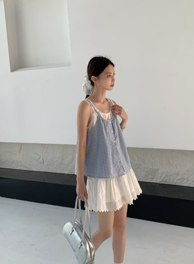 NN | 2025新款蓝色格子Chic吊带女夏设计感上衣格子背心假两件