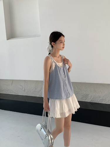 NN | 2025新款蓝色格子Chic吊带女夏设计感上衣格子背心假两件