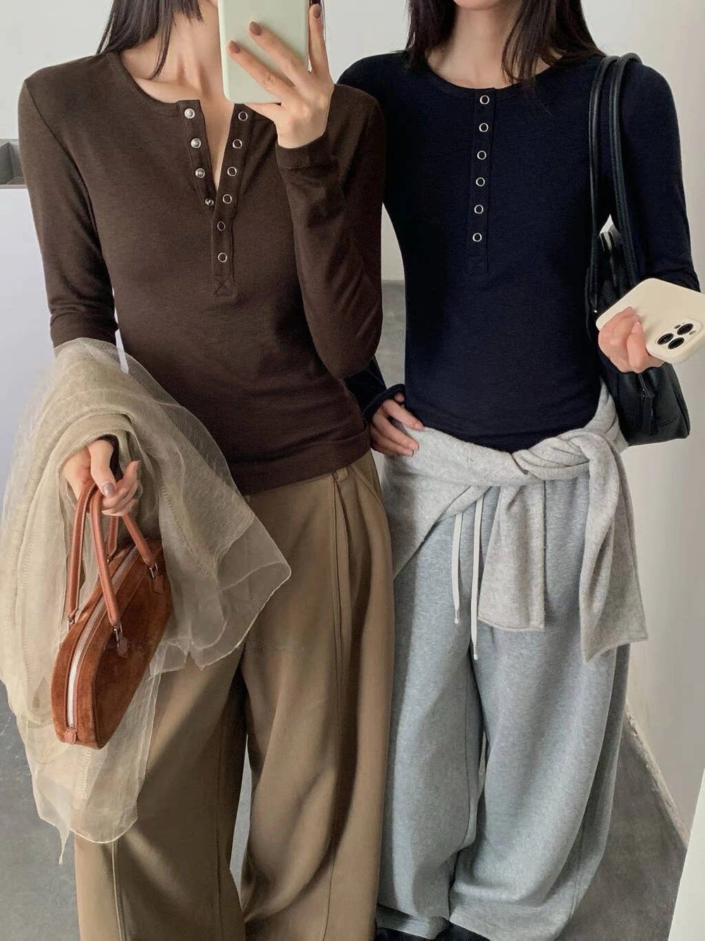 NN | 美式亨利领白色修身长袖T恤女秋季紧身上衣内搭打底衫