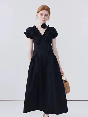 NN | 大码新款法式木耳边连衣裙女v领褶皱插袋显瘦气质掐腰长裙