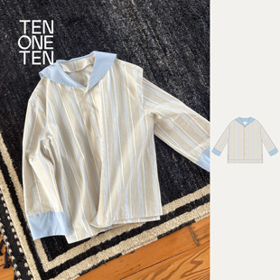 条纹纯棉海盐奶茶水手领衬衫 TEN ONE