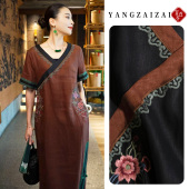 羊在在 民族风刺绣纯亚麻连衣裙V领显瘦LYQ25YL1432 四时风雅