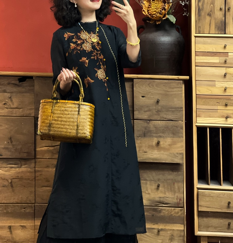 羊在在原创国风刺绣连衣裙复古新中式旗袍裙显瘦长裙L23XL998