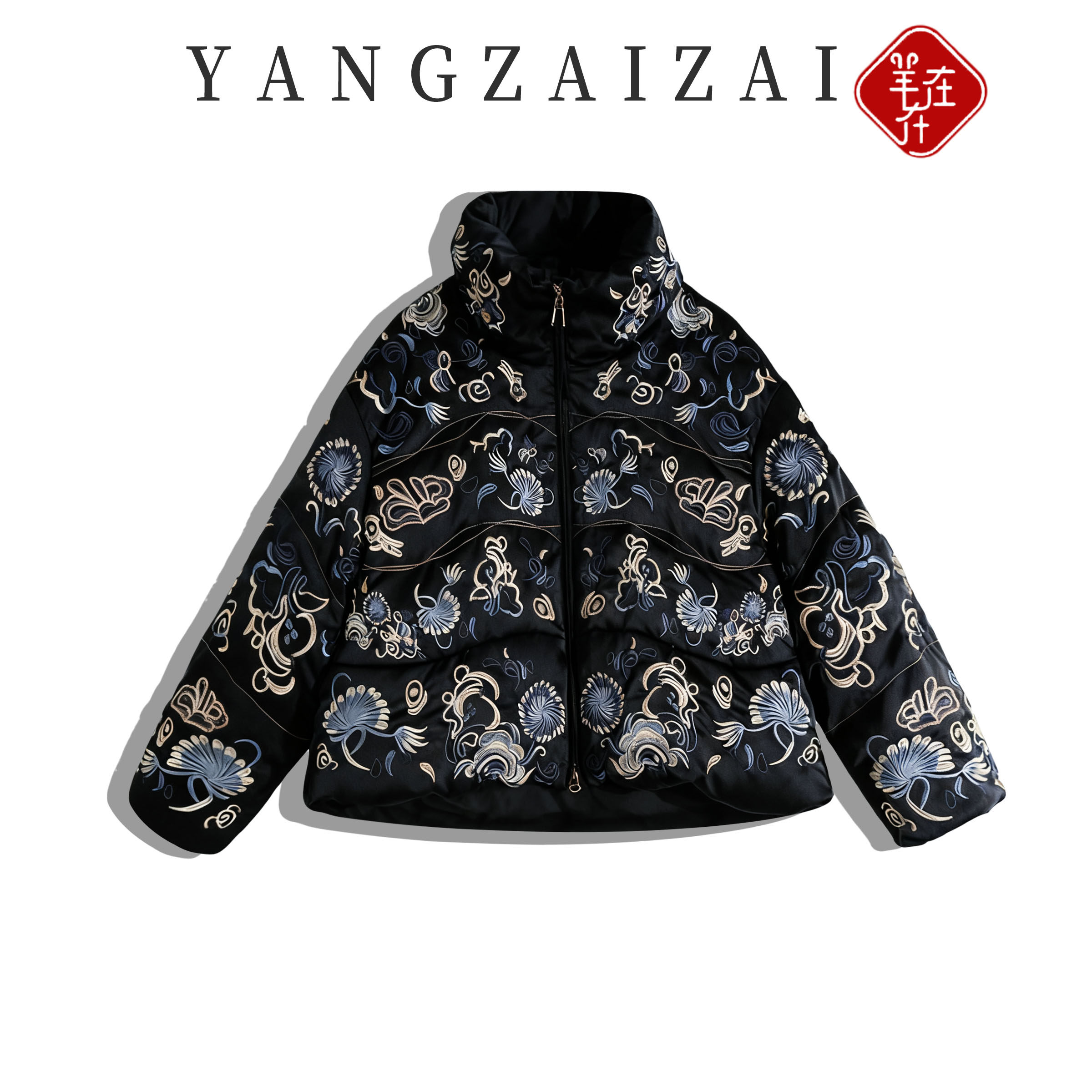 羊在在民族风黑色盘扣重工满绣羽绒服女秋冬鹅绒加厚外套洋气上衣