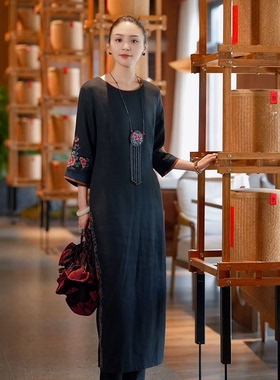羊在在正品中年女装亚麻连衣裙夏季显瘦遮胯改良旗袍出游裙YL1772