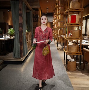 牡丹刺绣亚麻连衣裙LYQ25GY249 民族风国风新中式 羊在在 绣罗春