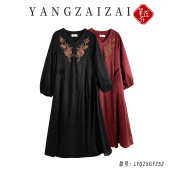 羊在在 民族风纯亚麻刺绣收腰双层连衣裙女LYQ25GY252 花朝如约